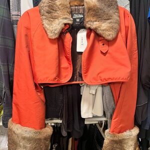 JEAN PAUL GAULTIER 90s Burnt Orange Nylon Cropped Jacket w/ Fur Trim - Sz. S $59